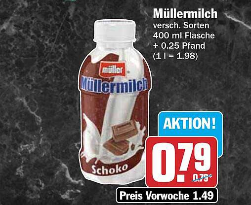 Müllermilch versch. Sorten 400 ml Flasche + 0.25 Pfand (1 l = 1.98)
