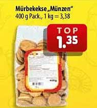 Mürbekekse „Münzen“ 400 g Pack., 1 kg = 3,38