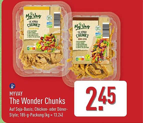 MYVAY The Wonder Chunks Auf Soja-Basis; Chicken- oder Döner-Style; 185-g-Packung (kg = 13.24)