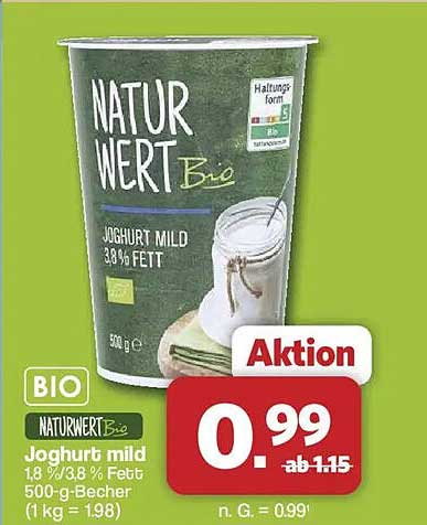 NATUR WERT Bio Joghurt mild 1,8 %/3,8 % Fett 500-g-Becher (1 kg = 1,98)