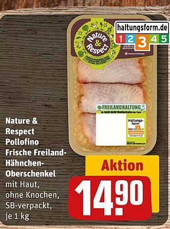 Nature & Respect Pollofino Frische Freiland-Hähnchenschenkel mit Haut, ohne Knochen, SB-verpackt, je 1 kg