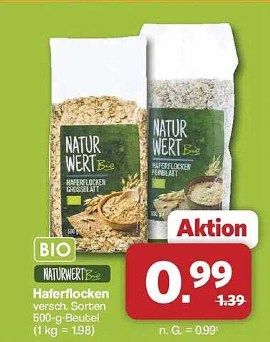 NATURWERT Bio Haferflocken versch. Sorten 500-g-Beutel (1 kg = 1.98)