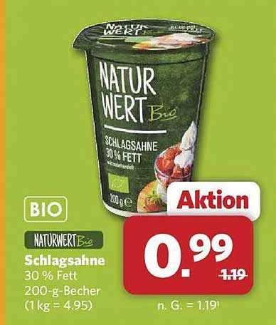 NATURWERT Bio Schlagsahne 30 % Fett 200-g-Becher (1 kg = 4.95)