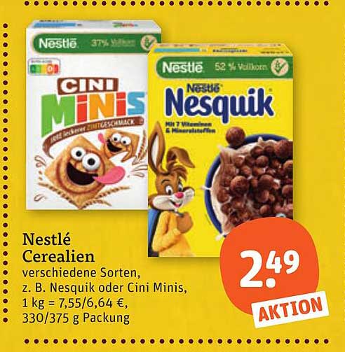 Nestlé Cerealien verschiedene Sorten, z. B. Nesquik oder Cini Minis, 1 kg = 7,55/6,64 €, 330/375 g Packung
