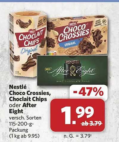 Nestlé Choco Crossies, Choclait Chips oder After Eight versch. Sorten 115-200-g-Packung (1 kg ab 9,95)