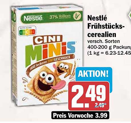 Nestlé Frühstückscerealien versch. Sorten 400-200 g Packung (1 kg = 6,23-12.45)