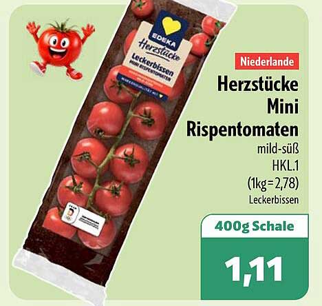 Niederlande Herzstücke Mini Rispentomaten mild-süß HKL.1 (1kg= 2,78) Leckerbissen 400g Schale