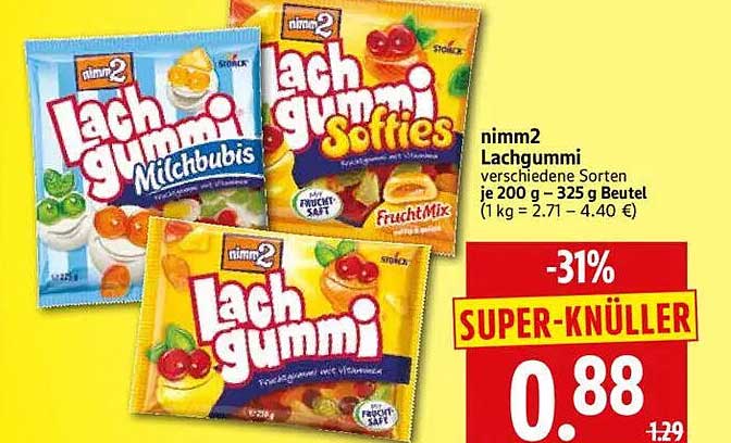 nimm2 Lachgummi verschiedene Sorten je 200 g – 325 g Beutel (1 kg = 2.71 – 4.40 €)