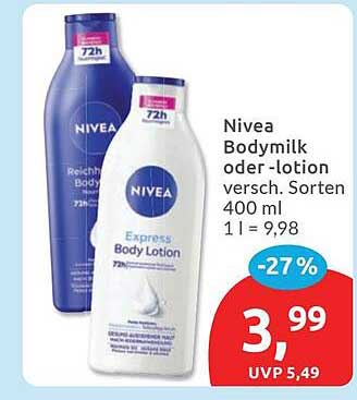Nivea Bodymilk oder -lotion versch. Sorten 400 ml 1 l = 9,98