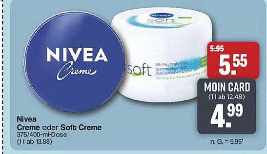 Nivea Creme oder Soft Creme 375/400-ml-Dose (1 l ab 13.88)
