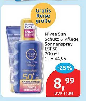 Nivea Sun Schutz & Pflege Sonnenspray LSF50+ 200 ml 1 l = 44,95