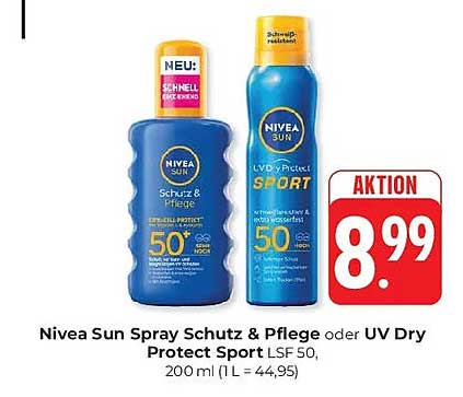 Nivea Sun Spray Schutz & Pflege oder UV Dry Protect Sport LSF 50, 200 ml (1 L = 44,95)