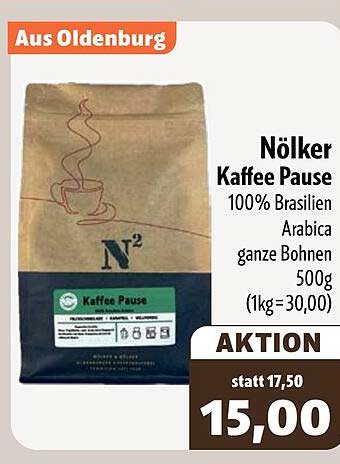 Nölker Kaffee Pause 100% Brasilien Arabica ganze Bohnen 500g (1kg=30,00)