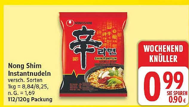 Nong Shim Instantnudeln versch. Sorten 1kg = 8,84/8,25, n. G. = 1,69 112/120g Packung