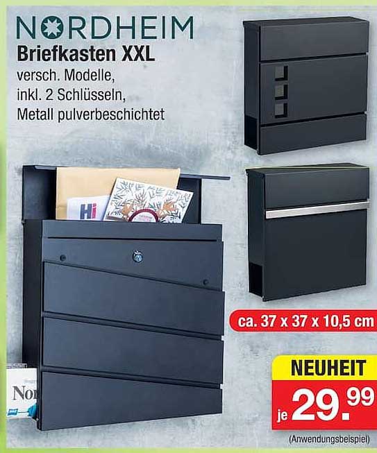 NORDHEIM Briefkasten XXL versch. Modelle, inkl. 2 Schlüsseln, Metall pulverbeschichtet
