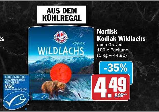 Norfisk Kodiak Wildlachs auch Graved 100 g Packung (1 kg = 44.90)