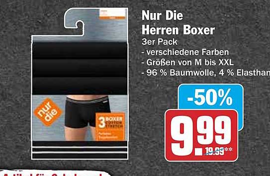 Nur Die Herren Boxer 3er Pack - verschiedene Farben - Größen von M bis XXL - 96 % Baumwolle, 4 % Elasthan