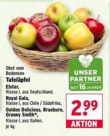 Obst vom Bodensee Tafeläpfel Elstar, Klasse I, aus Deutschland, Royal Gala, Klasse I, aus Chile / Südafrika, Golden Delicious, Braeburn, Granny Smith*, Klasse I, aus Italien, je kg