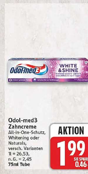 Odol-med3 Zahncreme All-in-One-Schutz, Whitening oder Naturals, versch. Varianten 1 l = 26,53 n. G. = 2,45 75ml Tube