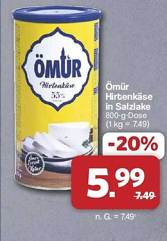 Ömür Hirtenkäse in Salzlake 800-g-Dose (1 kg = 7.49)