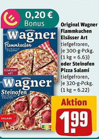 Original Wagner Flammkuchen Elsässer Art tiefgefroren, je 300-g-Pckg. (1 kg = 6.63) oder Steinofen Pizza Salami tiefgefroren, je 320-g-Pckg. (1 kg = 6.22)