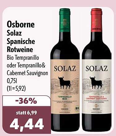 Osborne Solaz Spanische Rotweine Bio Tempranillo oder Tempranillo & Cabernet Sauvignon 0,75l