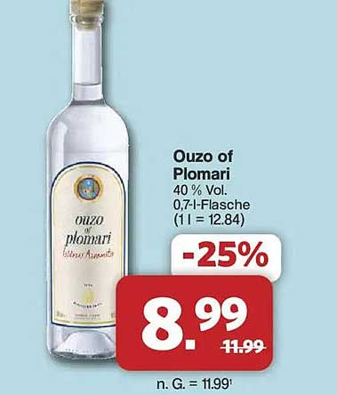 Ouzo of Plomari 40 % Vol. 0,7-l-Flasche (1 l = 12.84)