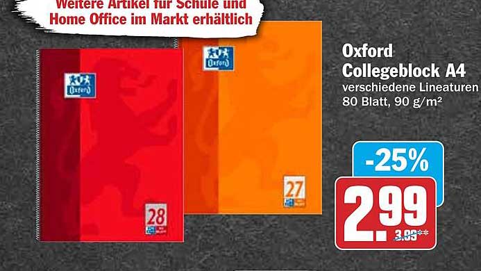 Oxford Collegeblock A4 verschiedene Lineaturen 80 Blatt, 90 g/m²