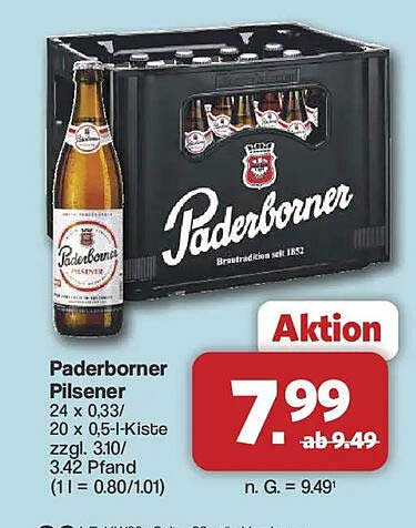 Paderborner Pilsener 24 x 0,33l; 20 x 0,5-l-Kiste zzgl. 3.10/3.42 Pfand (1 l = 0.80/1.01)