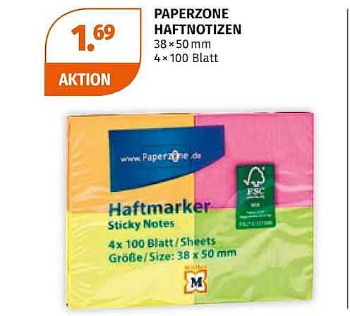 PAPERZONE HAFTNOTIZEN 38 × 50 mm 4 x 100 Blatt