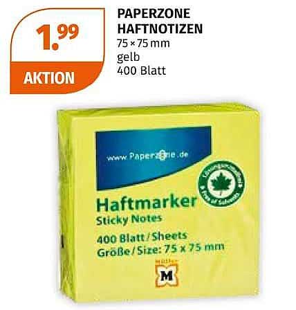 PAPERZONE HAFTNOTIZEN 75 x 75 mm gelb 400 Blatt