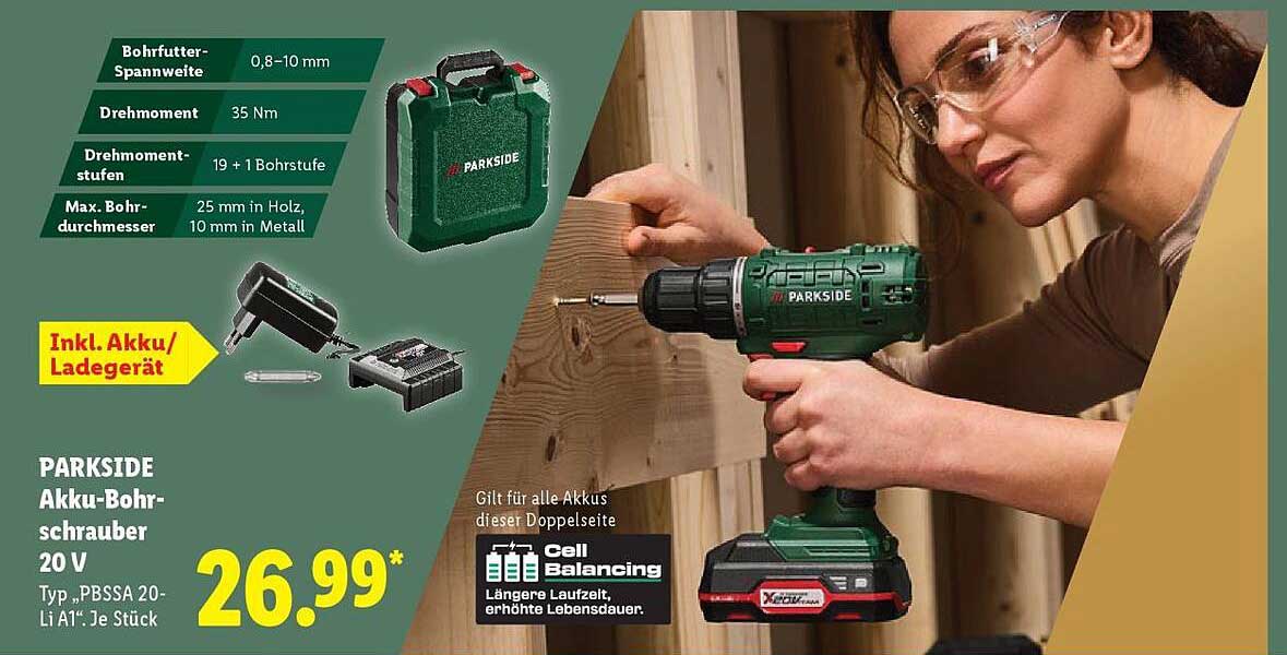 PARKSIDE Akku-Bohrschrauber 20 V Typ „PBSSA 20-Li A1“ Je Stück