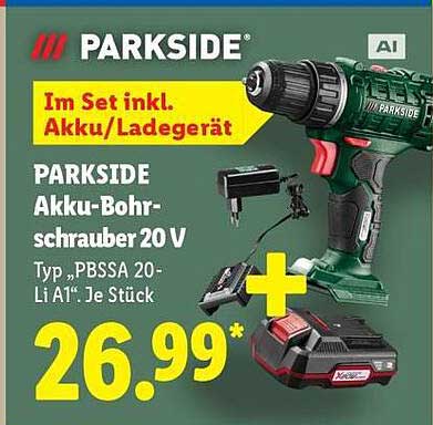 PARKSIDE Akku-Bohrschrauber 20 V Typ „PBSSA 20-Li A1“. Je Stück