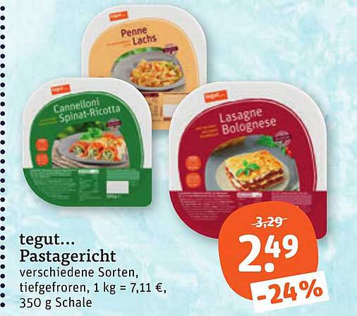 Pastagericht verschiedene Sorten, tiefgefroren, 1 kg = 7,11 €, 350 g Schale