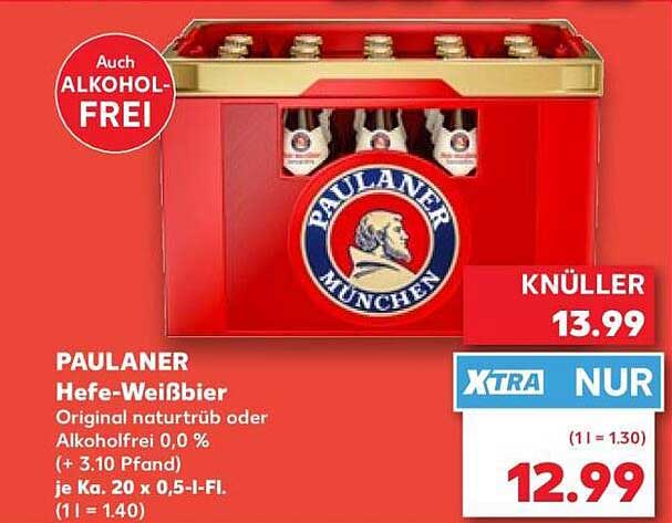 PAULANER Hefe-Weißbier Original naturtrüb oder Alkoholfrei 0,0 % (+ 3.10 Pfand) je Ka. 20 x 0,5-l-Fl. (1 l = 1.40)