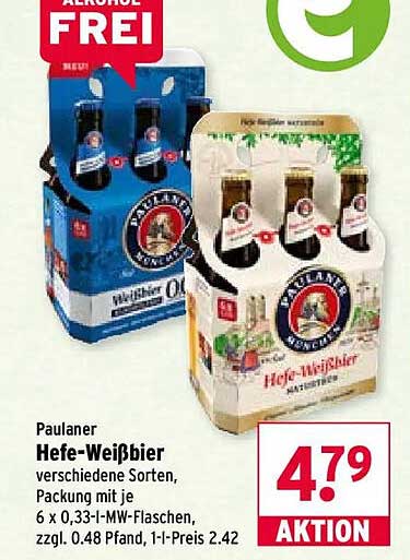 Paulaner Hefe-Weißbier verschiedene Sorten, Packung mit je 6 x 0,33-l-MW-Flaschen, zzgl. 0.48 Pfand, 1-l-Preis 2.42