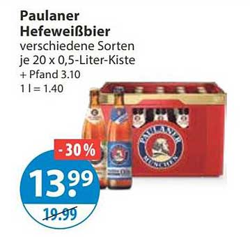 Paulaner Hefeweißbier verschiedene Sorten je 20 x 0,5-Liter-Kiste + Pfand 3.10 1 l = 1.40