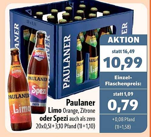 Paulaner Limo Orange, Zitrone oder Spezi auch als zero 20x0,5l + 3,10 Pfand (1l = 1,10)