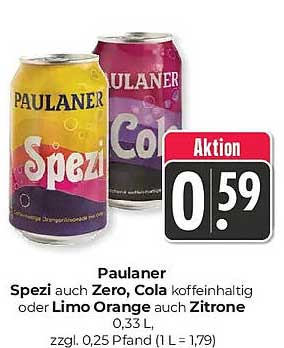 Paulaner Spezi auch Zero, Cola koffeinhaltig oder Limo Limo auch Zitrone 0,33 L