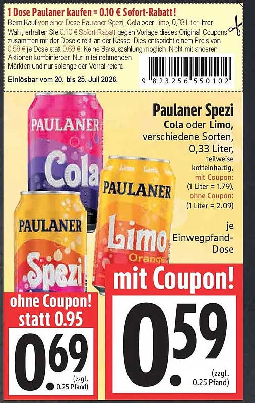 Paulaner Spezi Cola oder Limo, verschiedene Sorten, 0,33 Liter, teilweise koffeinhaltig, mit Coupon