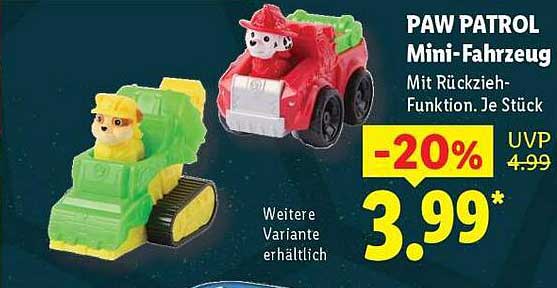 PAW PATROL Mini-Fahrzeug Mit Rückzieh-Funktion. Je Stück