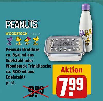 Peanuts Brotdose ca. 850 ml aus Edelstahl oder Woodstock Trinkflasche ca. 500 ml aus Edelstahl je St.
