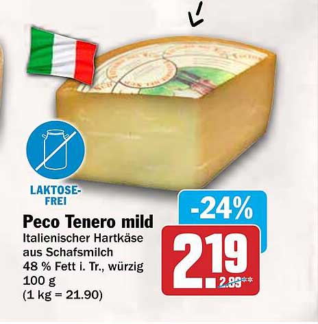 Peco Tenero mild Italienischer Hartkäse aus Schafsmilch 48 % Fett i. Tr., würzig 100 g (1 kg = 21.90)