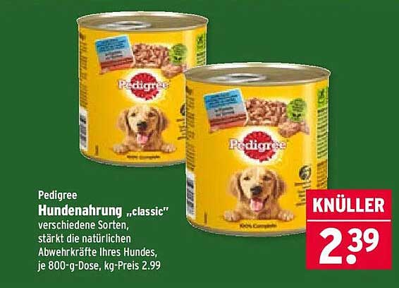 Pedigree Hundenahrung „classic“ verschiedene Sorten, stärkt die natürlichen Abwehrkräfte Ihres Hundes, je 800-g-Dose, kg-Preis 2,99