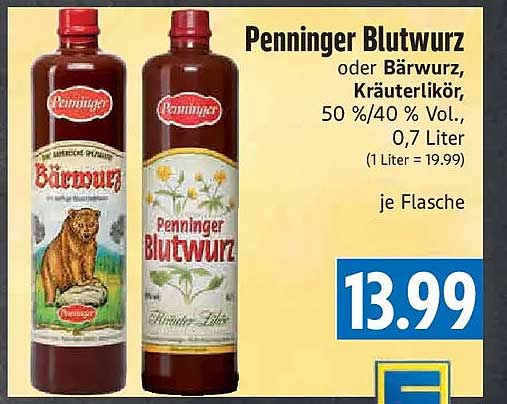 Penninger Blutwurz oder Bärwurz, Kräuterlikör, 50 %/40 % Vol., 0,7 Liter