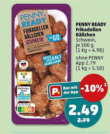 PENNY READY Frikadellen Bällchen Schwein, je 500 g (1 kg = 4.98) ohne PENNY App 2.79 (1 kg = 5.58)