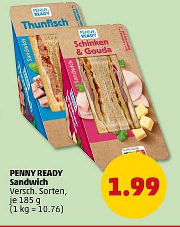 PENNY READY Sandwich Versch. Sorten je 185 g (1 kg = 10.76)