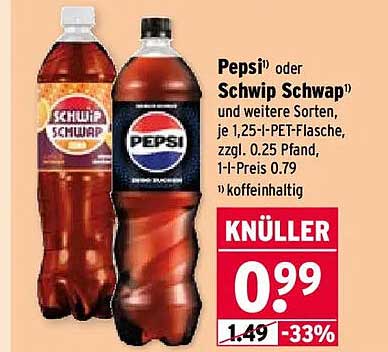 Pepsi oder Schiwp Schwap und weitere Sorten, je 1,25 l-PET-Flasche, zzgl. 0,25 Pfand, 1 l-Preis 0.79 x koffeinhaltig