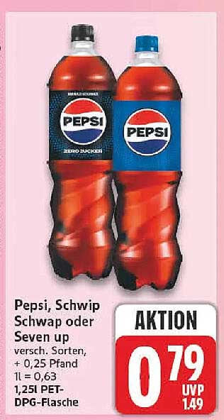 Pepsi, Schwip Schwap oder Seven up versch. Sorten, + 0,25 Pfand 1l = 0,63 1,25l PET-DPG-Flasche