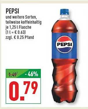 PEPSI und weitere Sorten, teilweise koffeinhaltig je 1,25 l Flasche